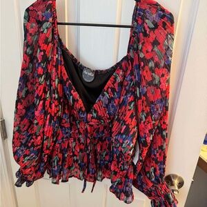 Aratta Red and Blue Ruffled Long Sleeve Blouse